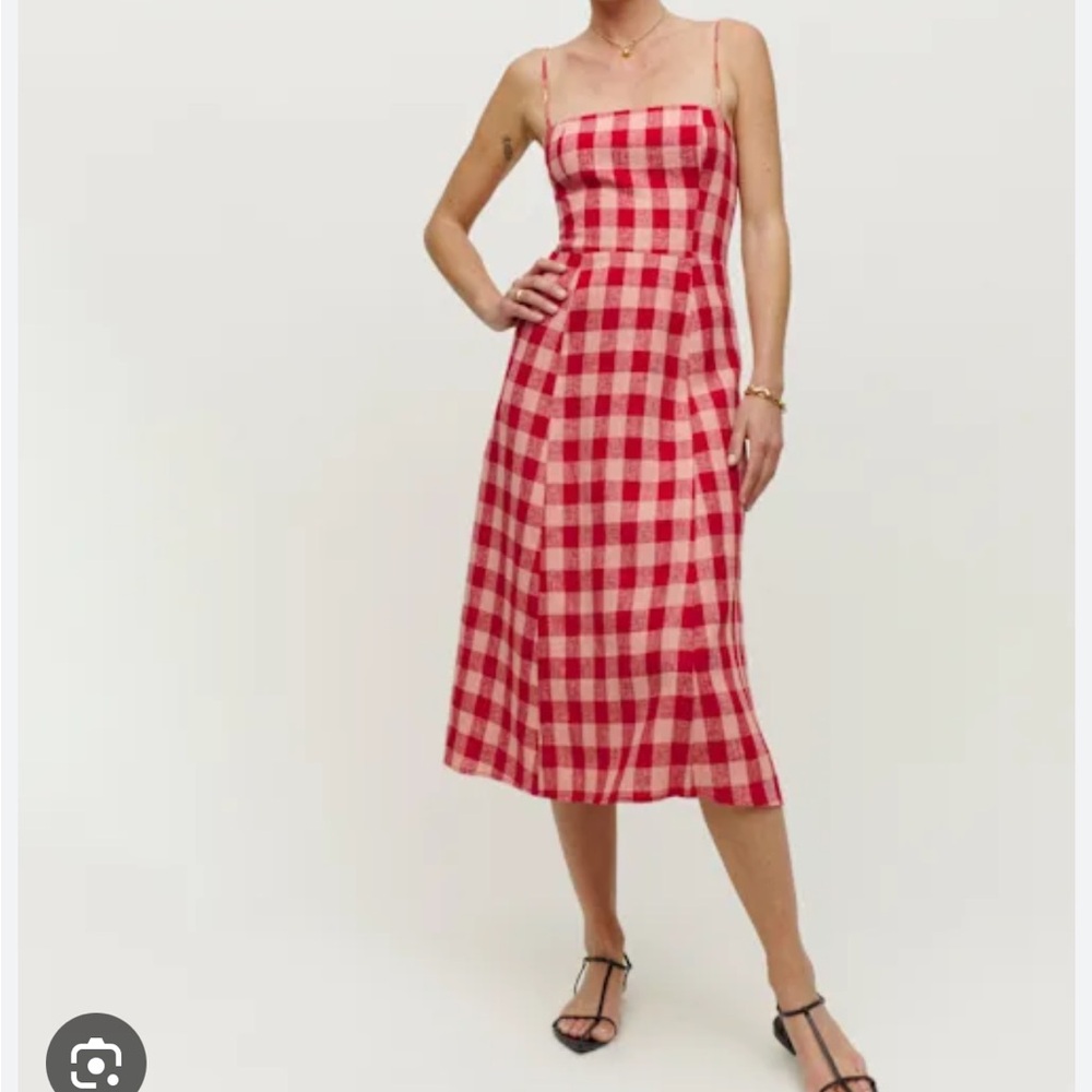 Reformation Christian Linen / Red and White Plaid Midi Dress